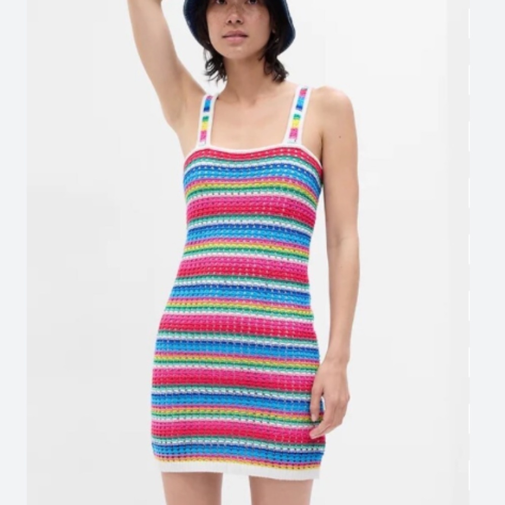 Gap Women Crochet Mini Dress Pink Multi Striped Tank Strap Square Neck MT M Tall